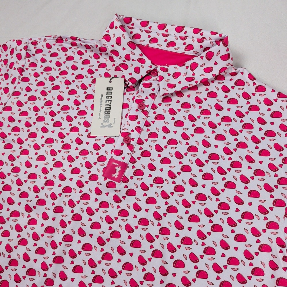 Bogey Bros Mens XL Pink Taco Print Golf Polo Shirt Short Sleeve Performance New